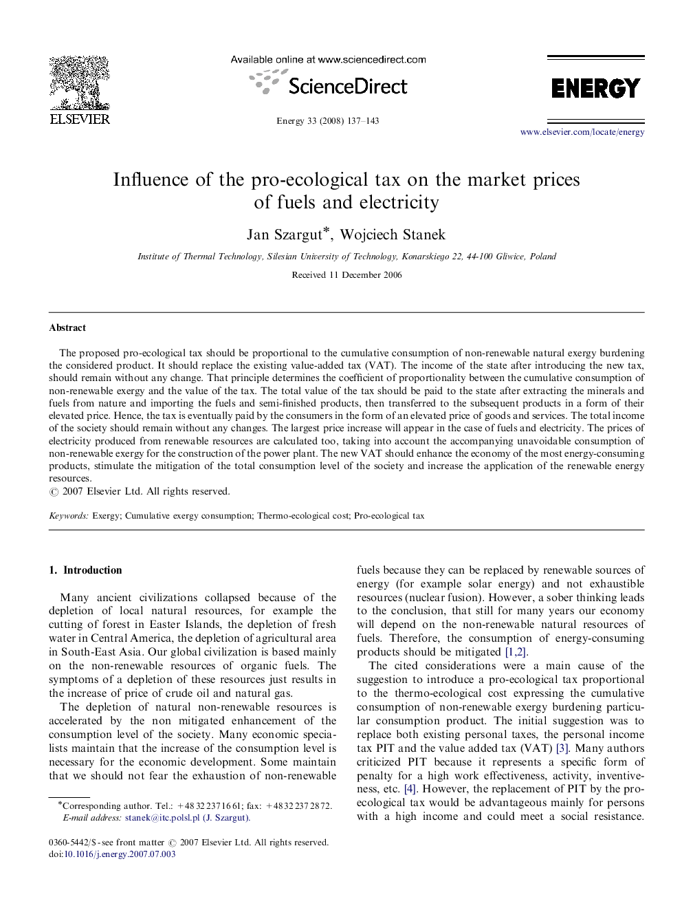 عکس صفحه اول مقاله: Influence of the pro-ecological tax on the market prices of fuels and electricity Influence of the pro-ecological tax on the market prices of fuels and electricity