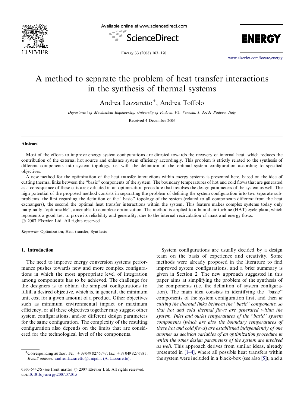 A method to separate the problem of heat transfer interactions in the synthesis of thermal systems