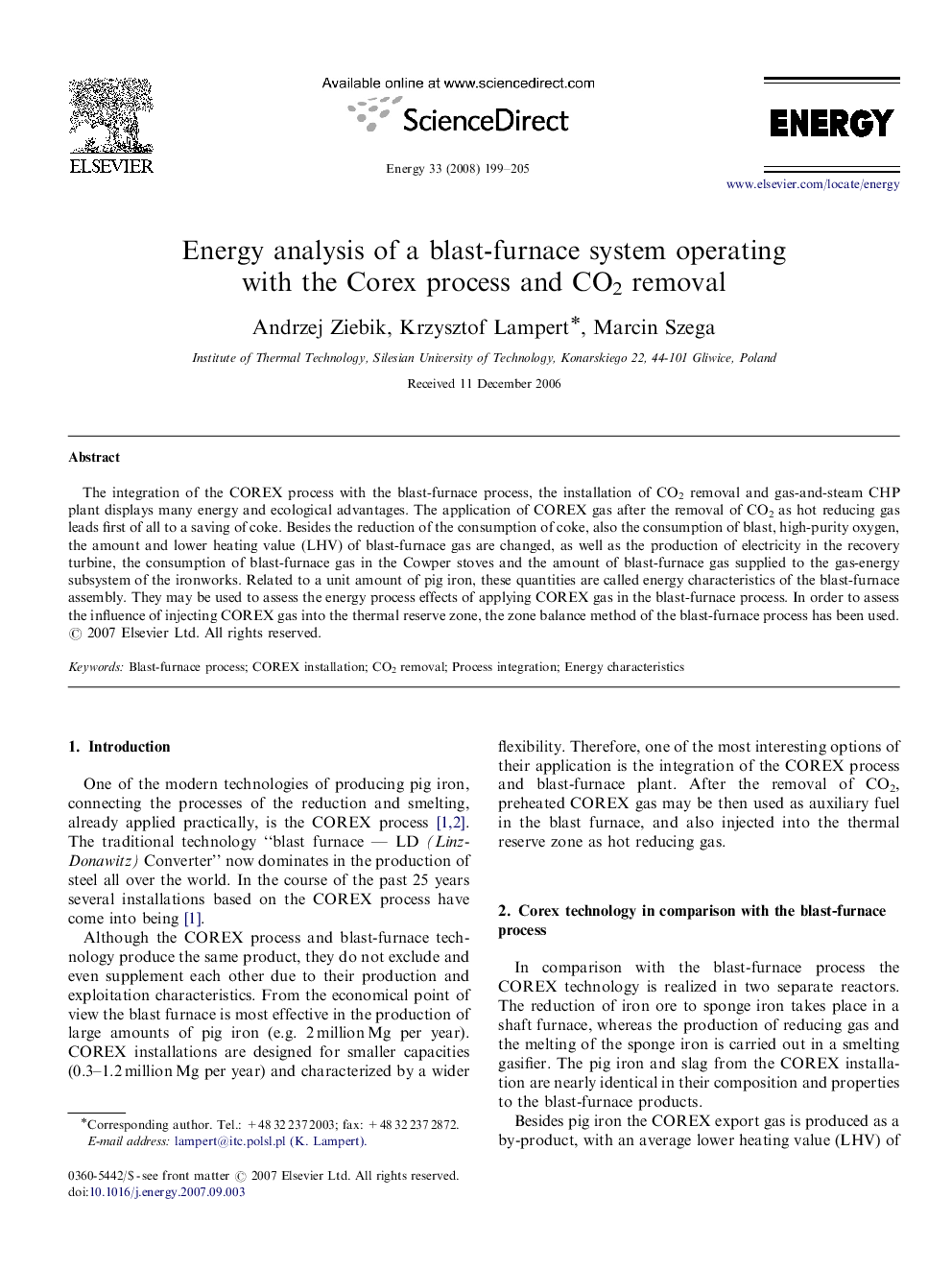 Energy analysis of a blast-furnace system operating with the Corex process and CO2 removal