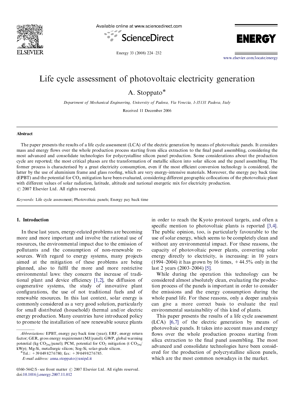 Life cycle assessment of photovoltaic electricity generation