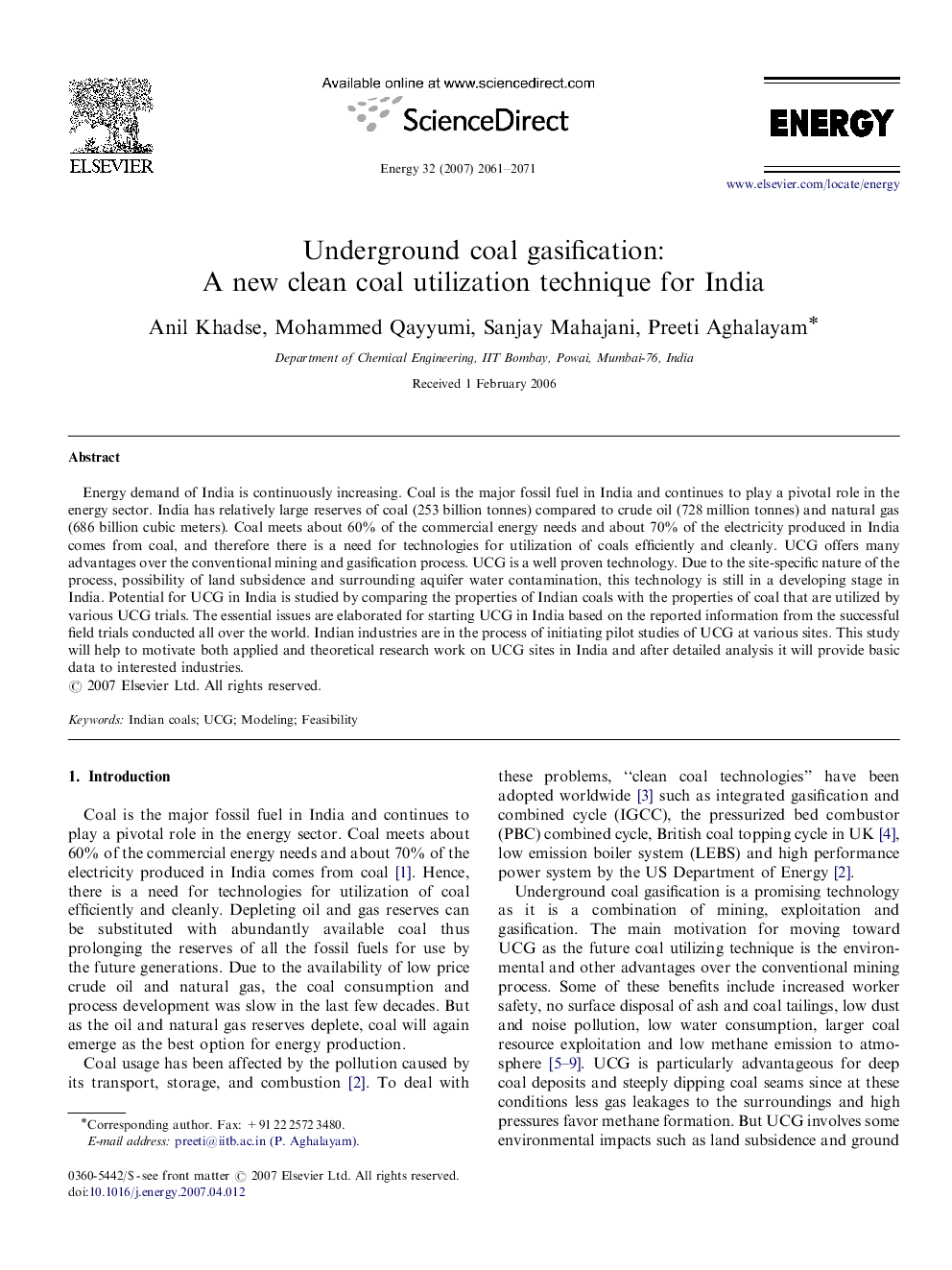 Underground coal gasification: A new clean coal utilization technique for India