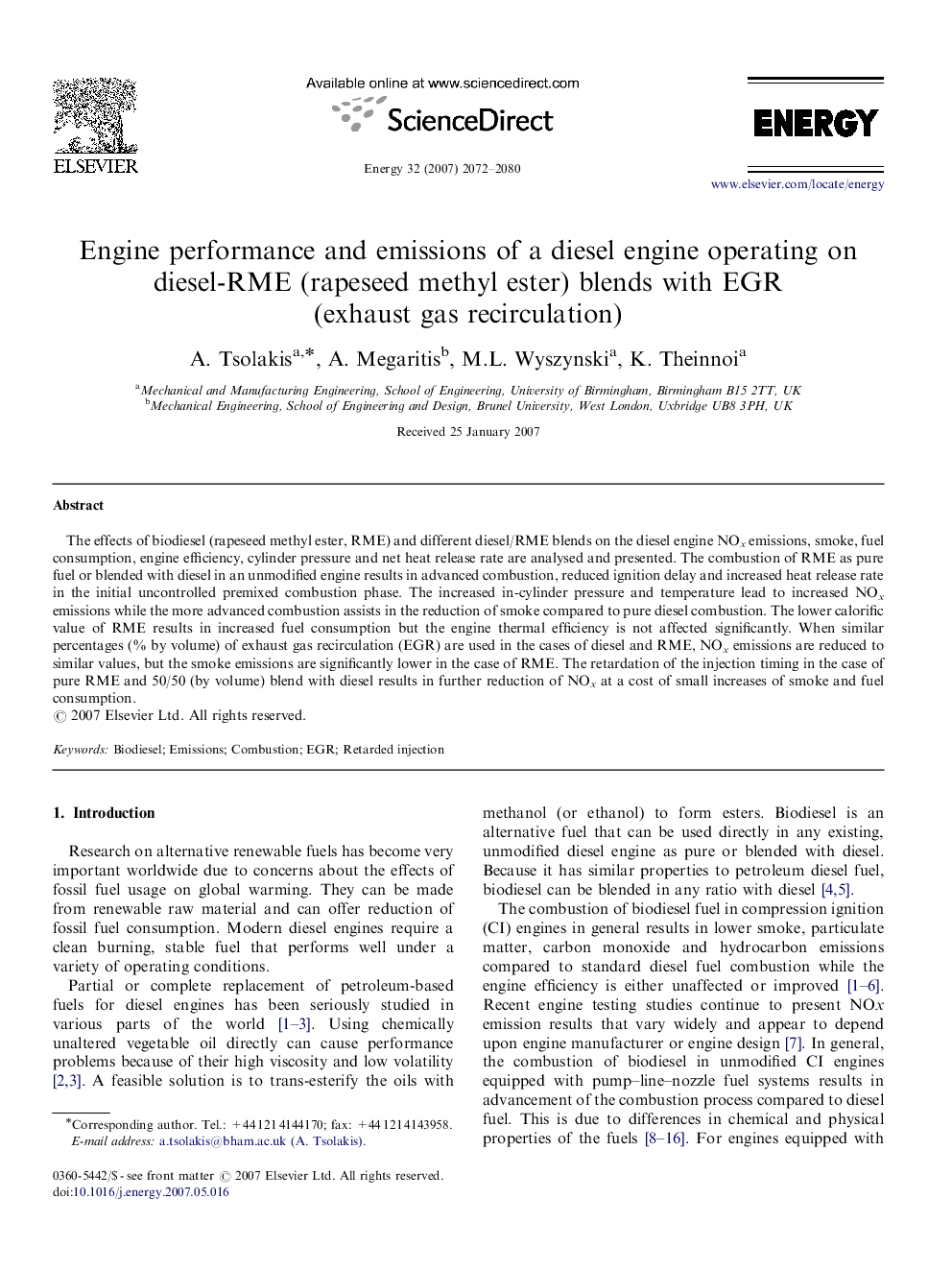 Engine performance and emissions of a diesel engine operating on diesel-RME (rapeseed methyl ester) blends with EGR (exhaust gas recirculation)