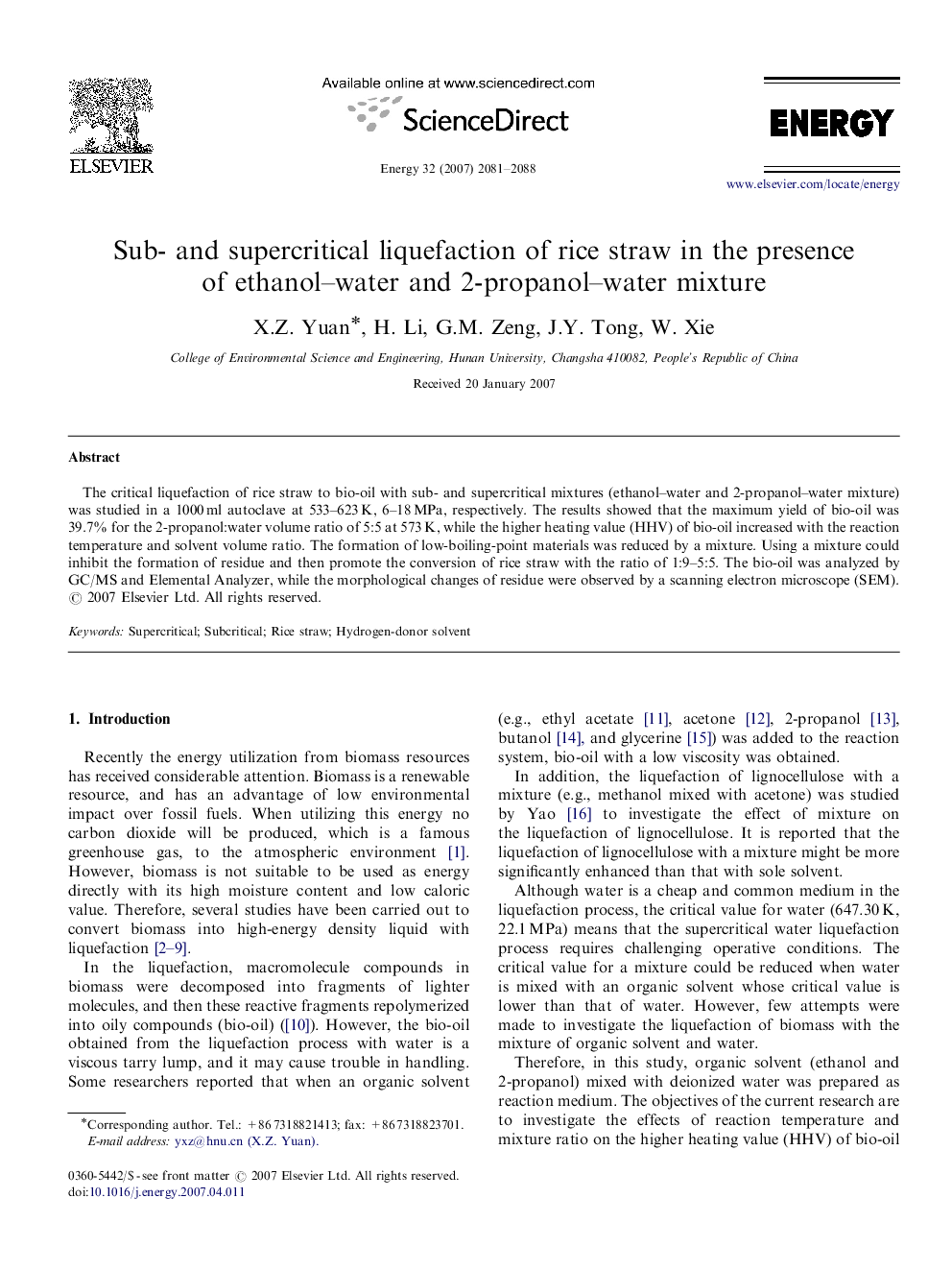 Sub- and supercritical liquefaction of rice straw in the presence of ethanol–water and 2-propanol–water mixture