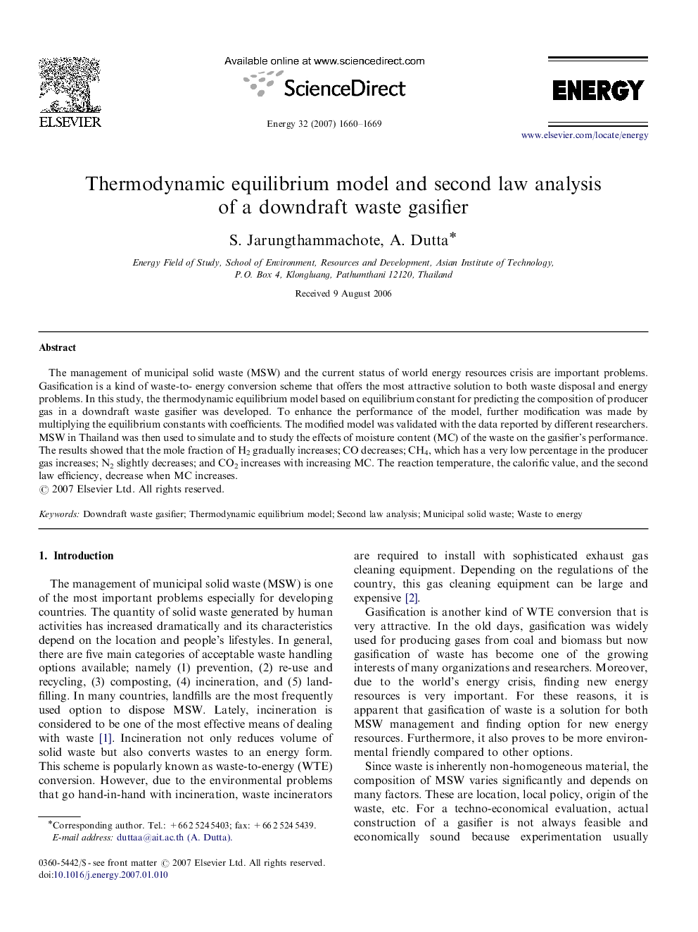 Thermodynamic equilibrium model and second law analysis of a downdraft waste gasifier