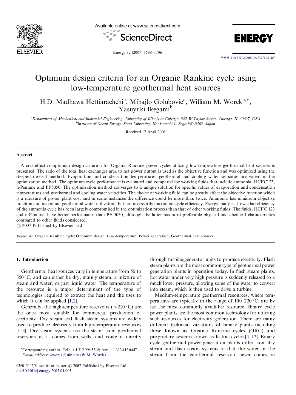 Optimum design criteria for an Organic Rankine cycle using low-temperature geothermal heat sources