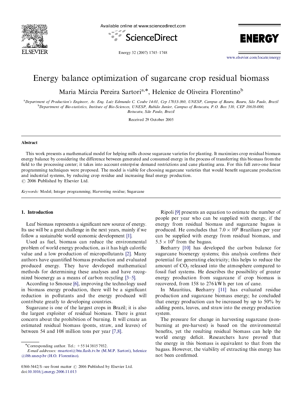 عکس صفحه اول مقاله: Energy balance optimization of sugarcane crop residual biomass Energy balance optimization of sugarcane crop residual biomass