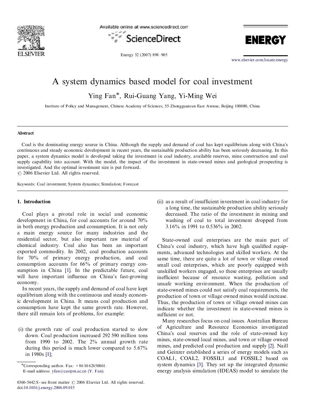 A system dynamics based model for coal investment