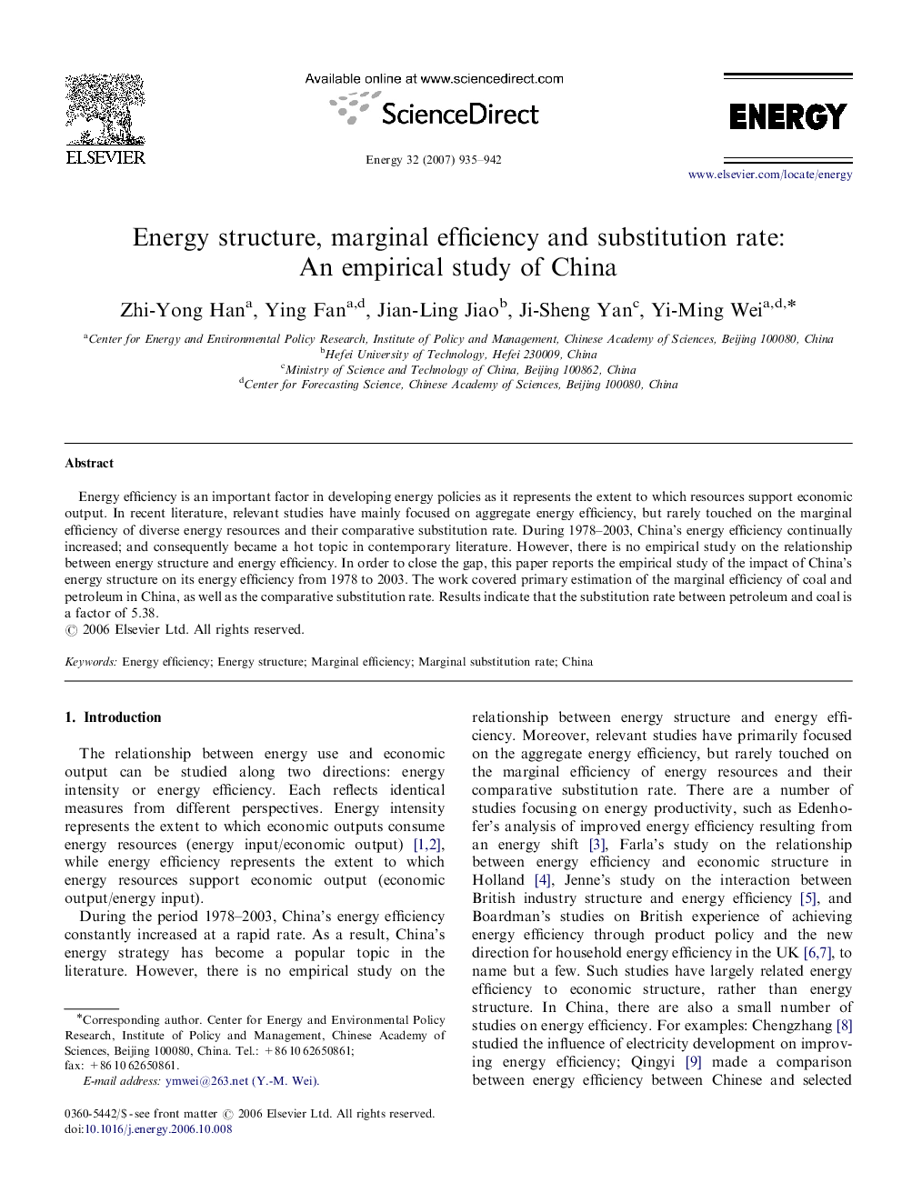 Energy structure, marginal efficiency and substitution rate: An empirical study of China