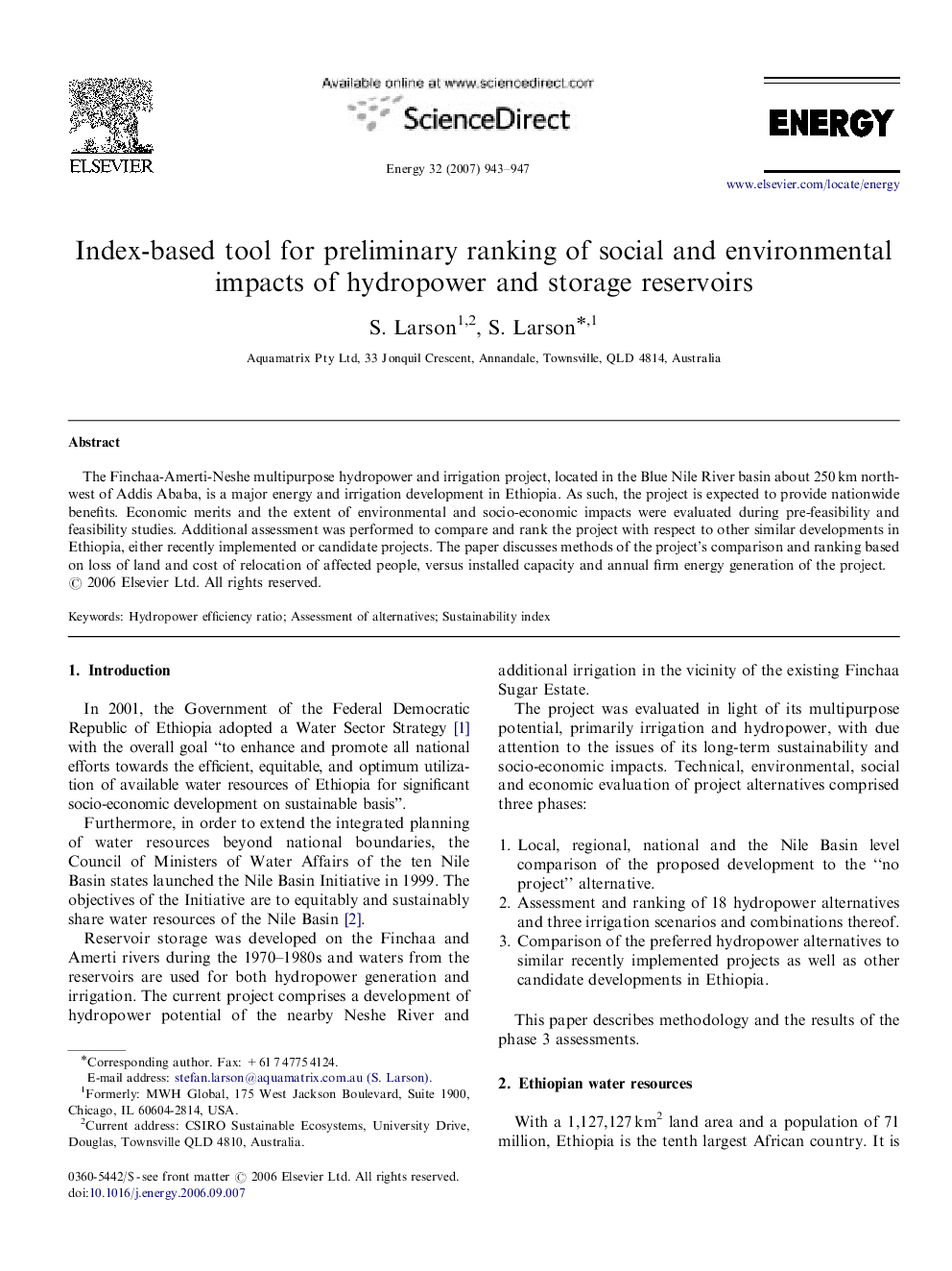 Index-based tool for preliminary ranking of social and environmental impacts of hydropower and storage reservoirs