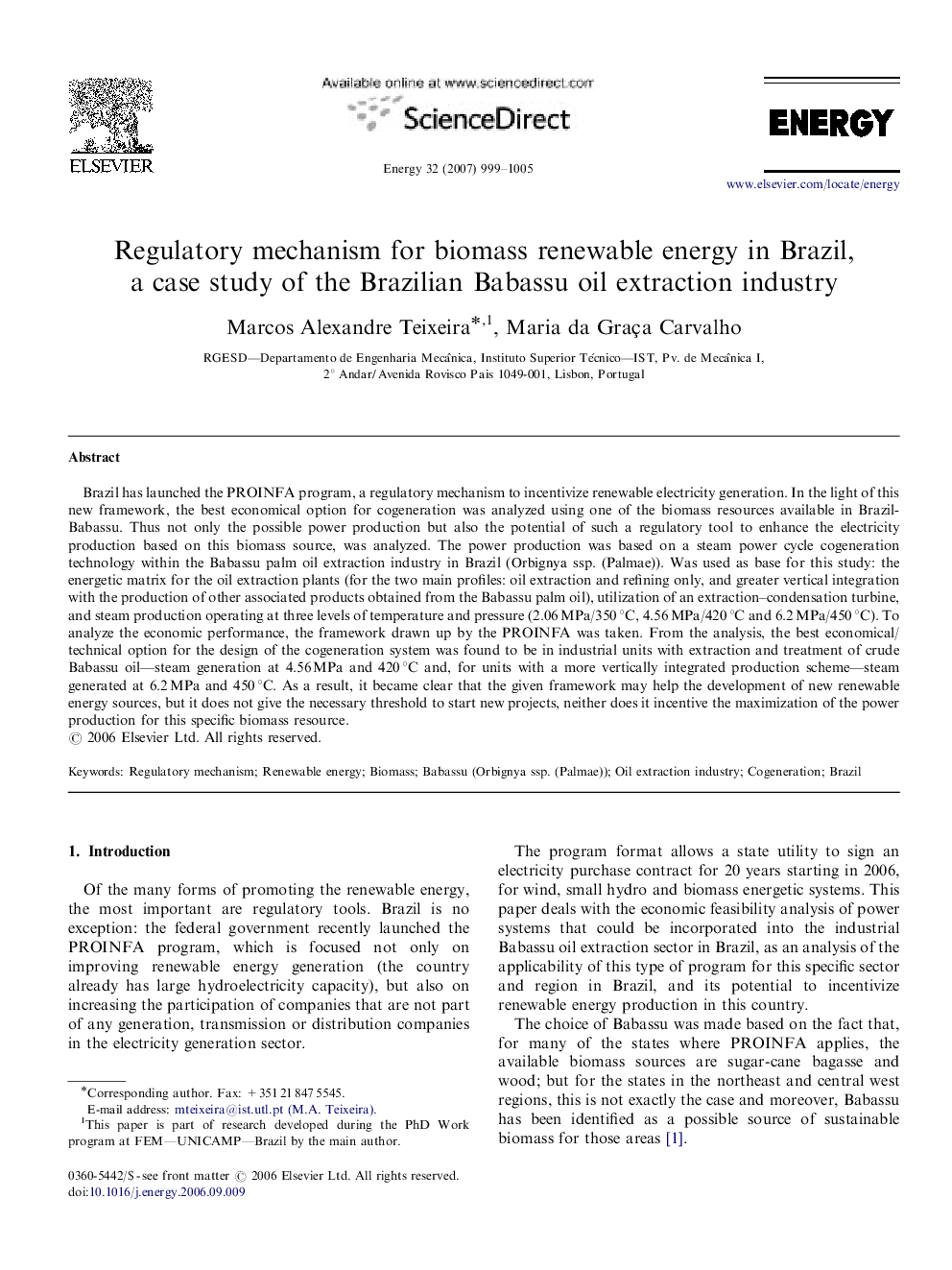 Regulatory mechanism for biomass renewable energy in Brazil, a case study of the Brazilian Babassu oil extraction industry