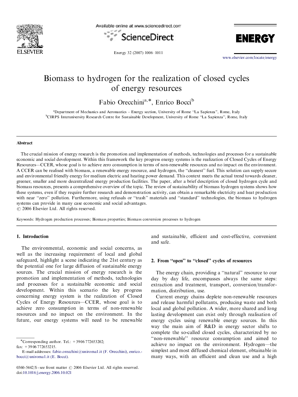 Biomass to hydrogen for the realization of closed cycles of energy resources