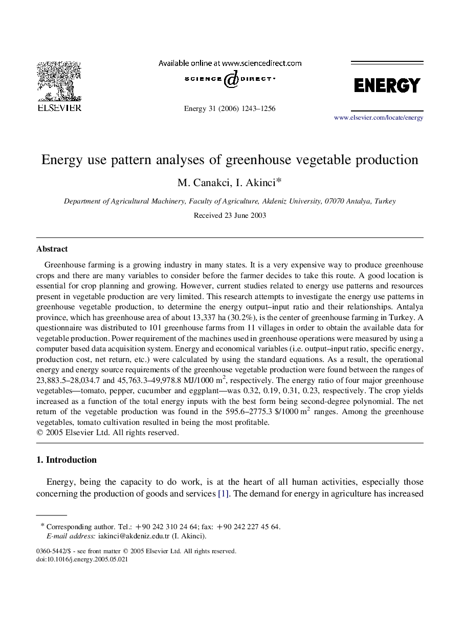 Energy use pattern analyses of greenhouse vegetable production