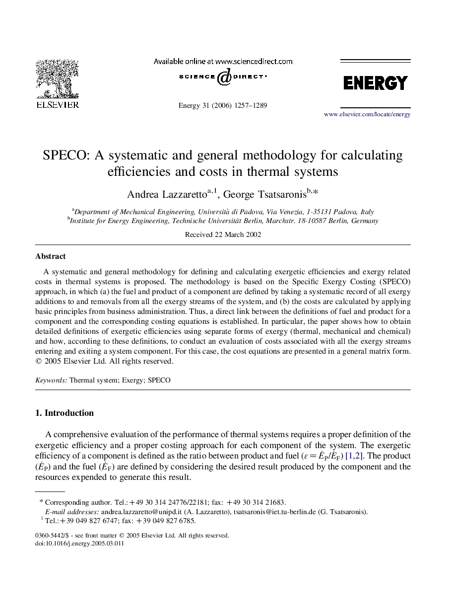SPECO: A systematic and general methodology for calculating efficiencies and costs in thermal systems