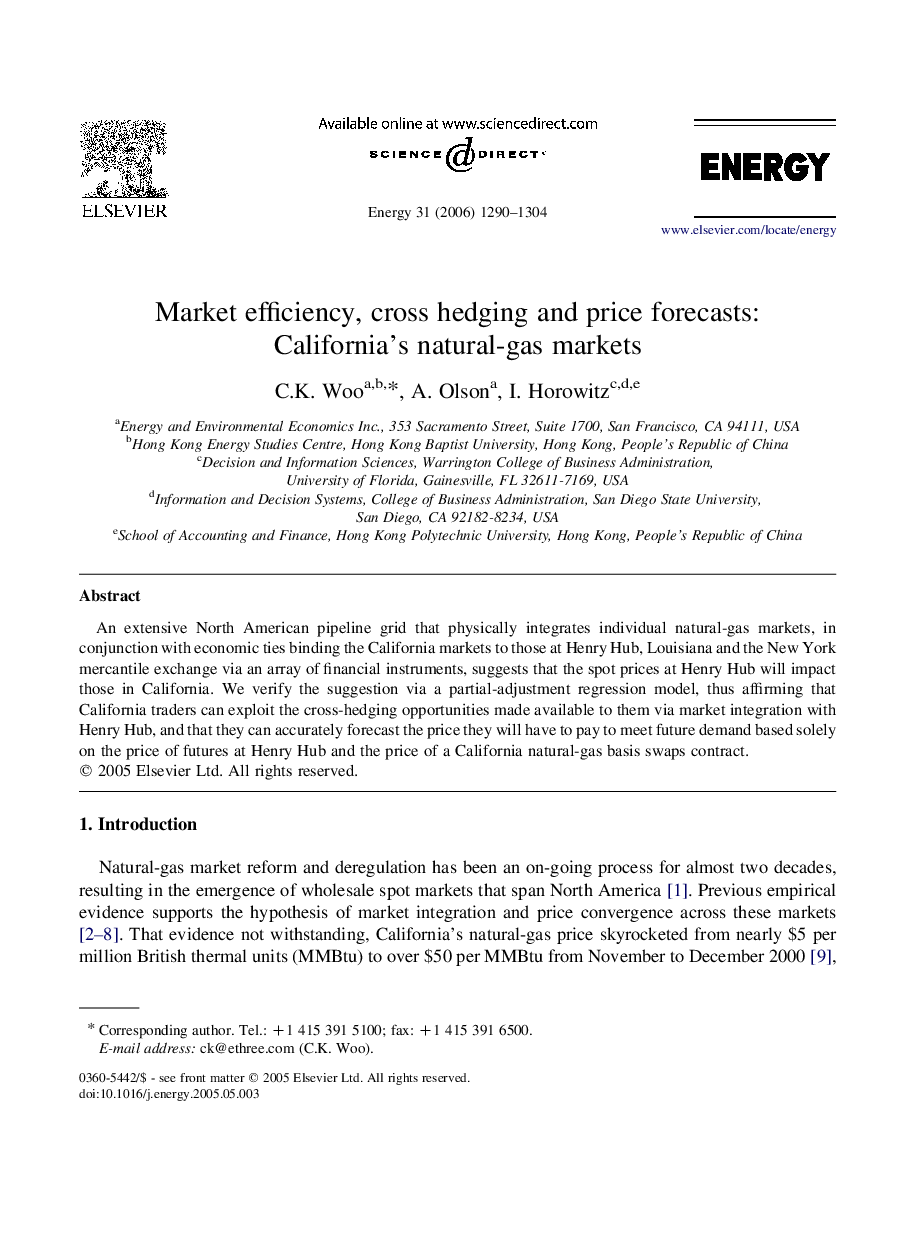 Market efficiency, cross hedging and price forecasts: California's natural-gas markets