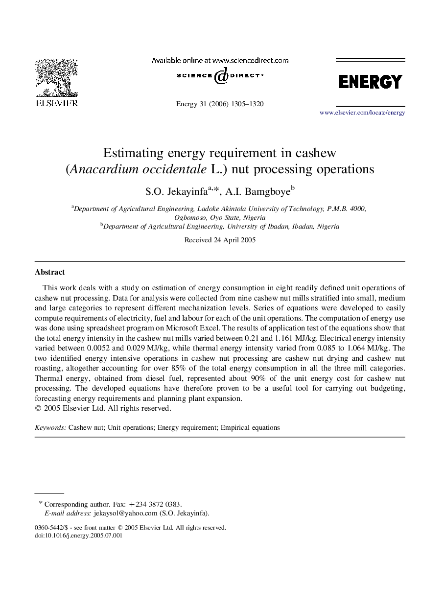 Estimating energy requirement in cashew (Anacardium occidentale L.) nut processing operations