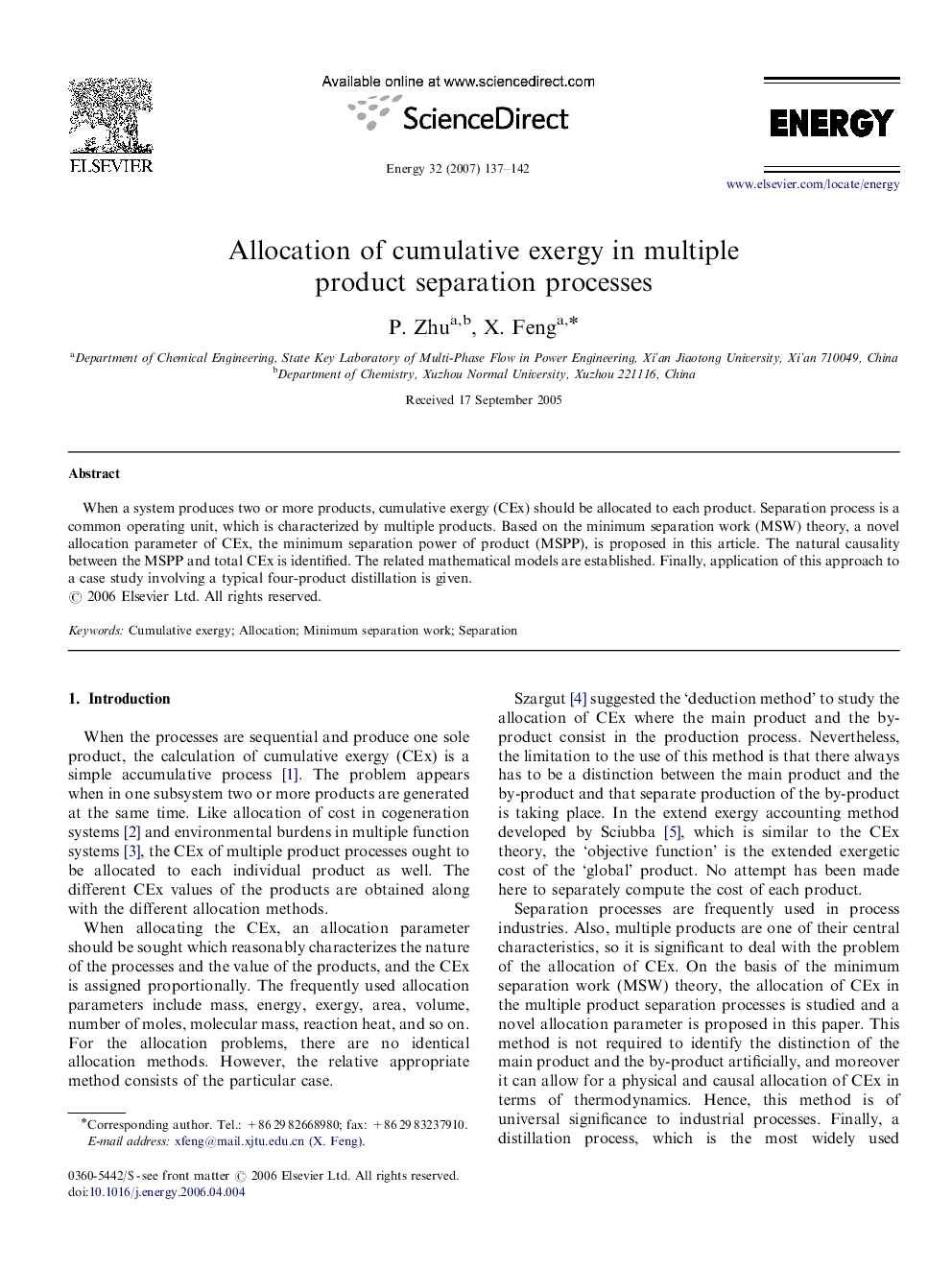 Allocation of cumulative exergy in multiple product separation processes