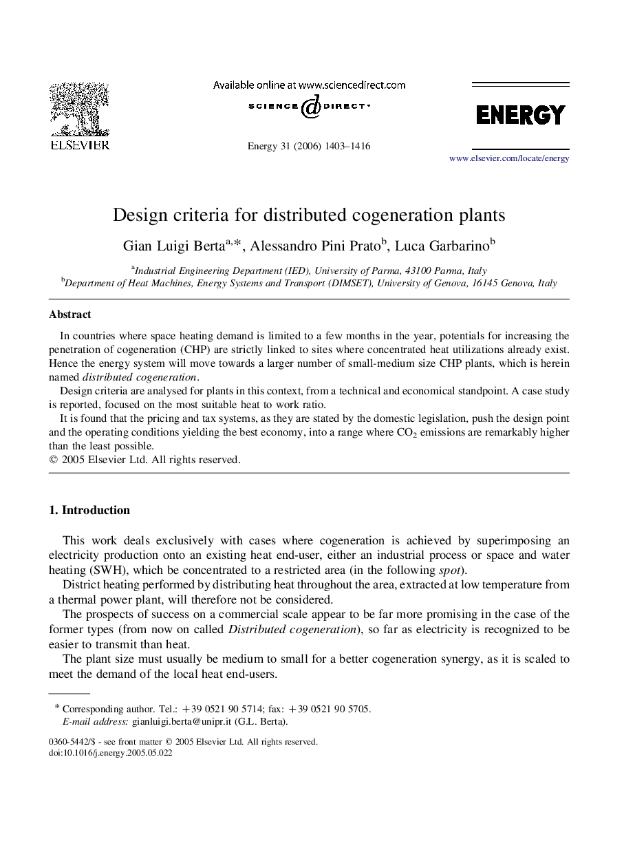 Design criteria for distributed cogeneration plants