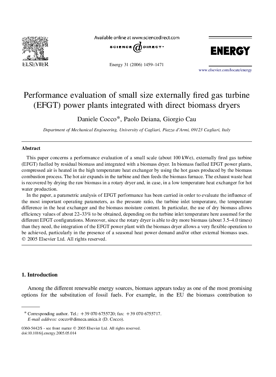 Performance evaluation of small size externally fired gas turbine (EFGT) power plants integrated with direct biomass dryers