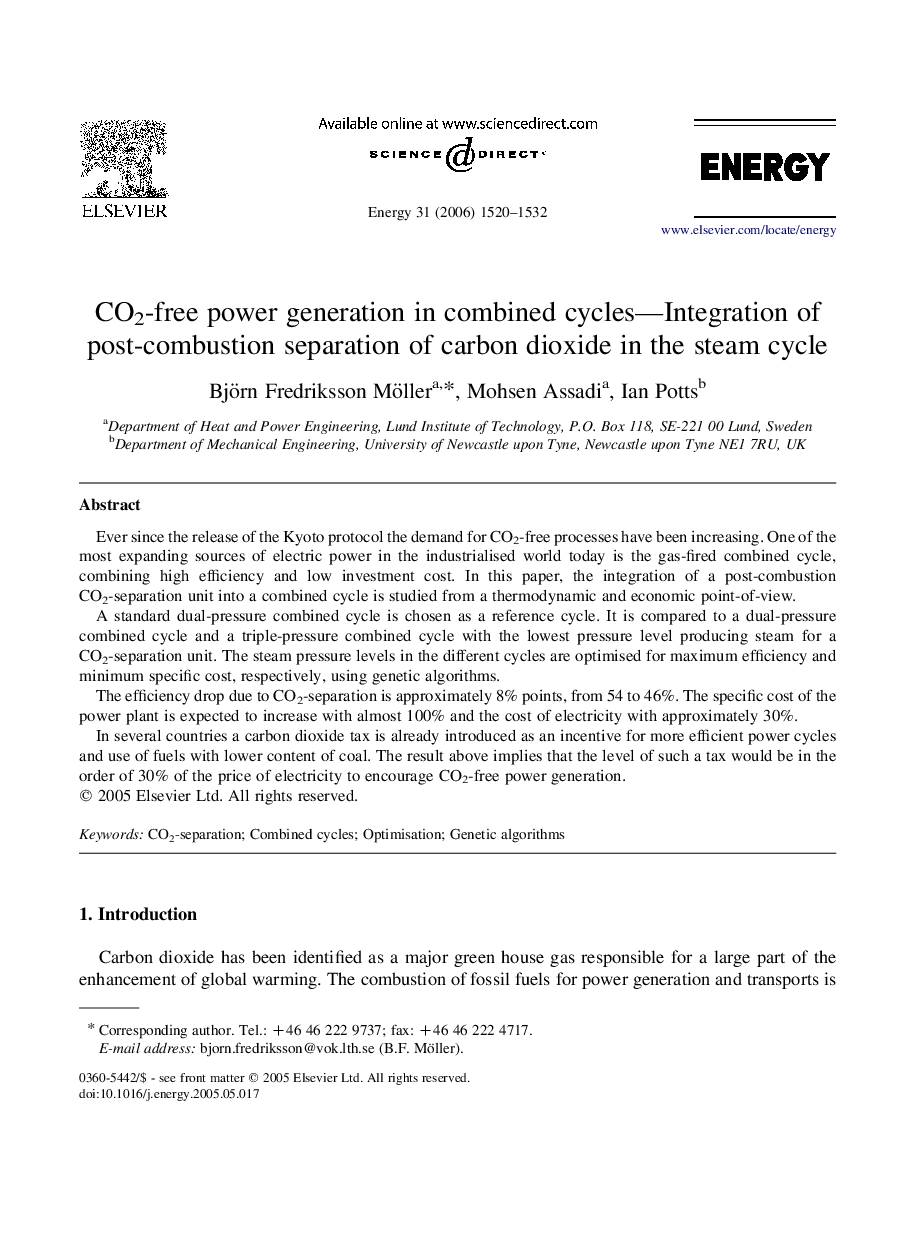 CO2-free power generation in combined cycles—Integration of post-combustion separation of carbon dioxide in the steam cycle