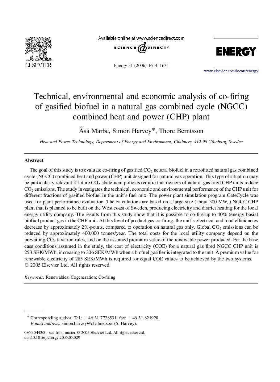 Technical, environmental and economic analysis of co-firing of gasified biofuel in a natural gas combined cycle (NGCC) combined heat and power (CHP) plant