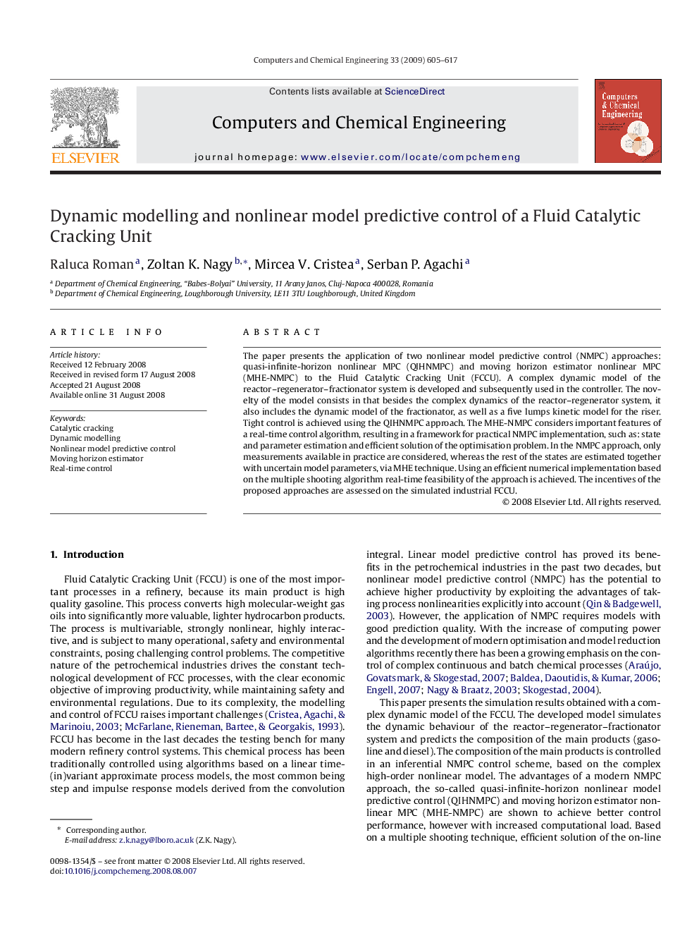 Dynamic modelling and nonlinear model predictive control of a Fluid Catalytic Cracking Unit