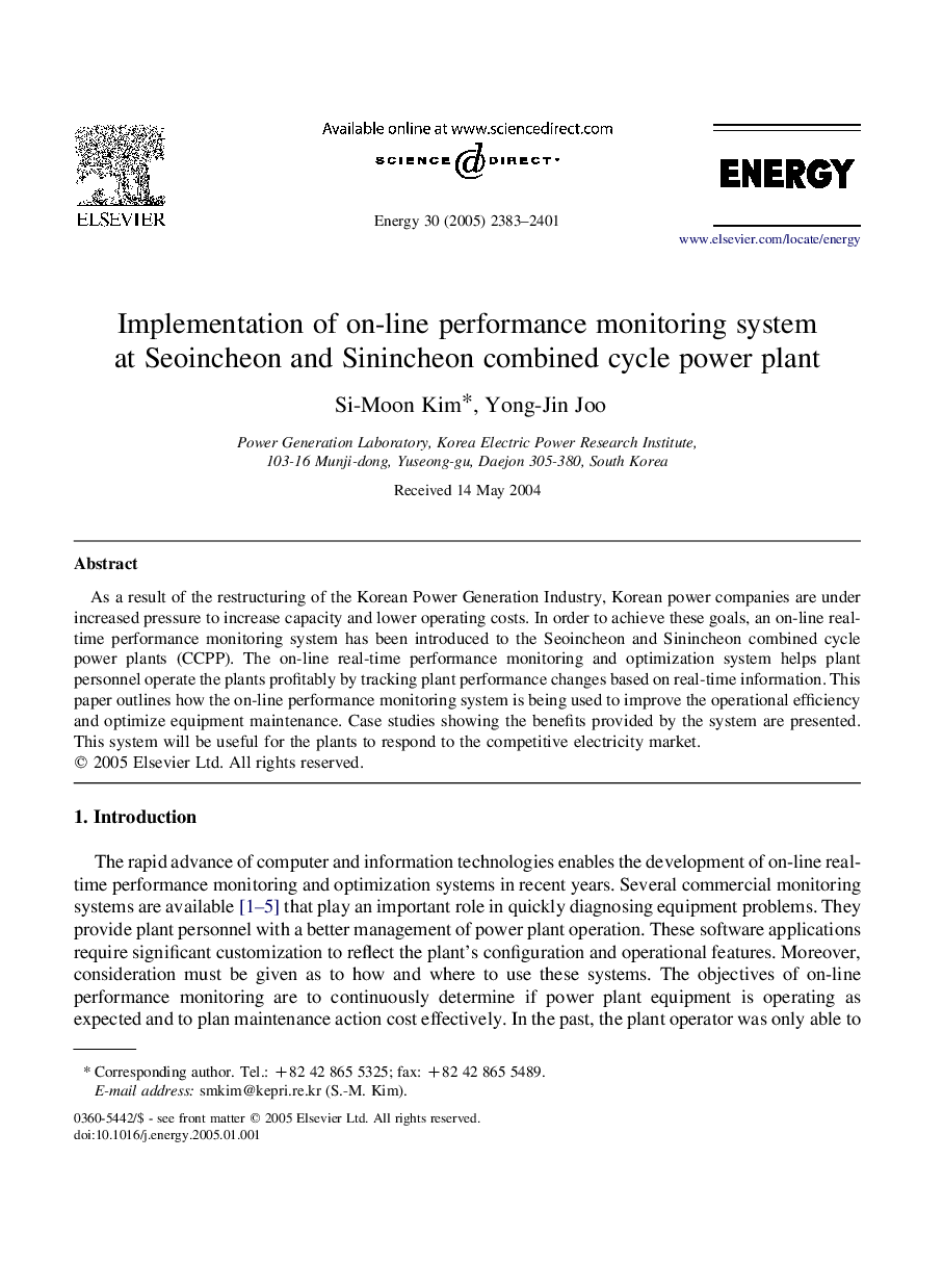 Implementation of on-line performance monitoring system at Seoincheon and Sinincheon combined cycle power plant