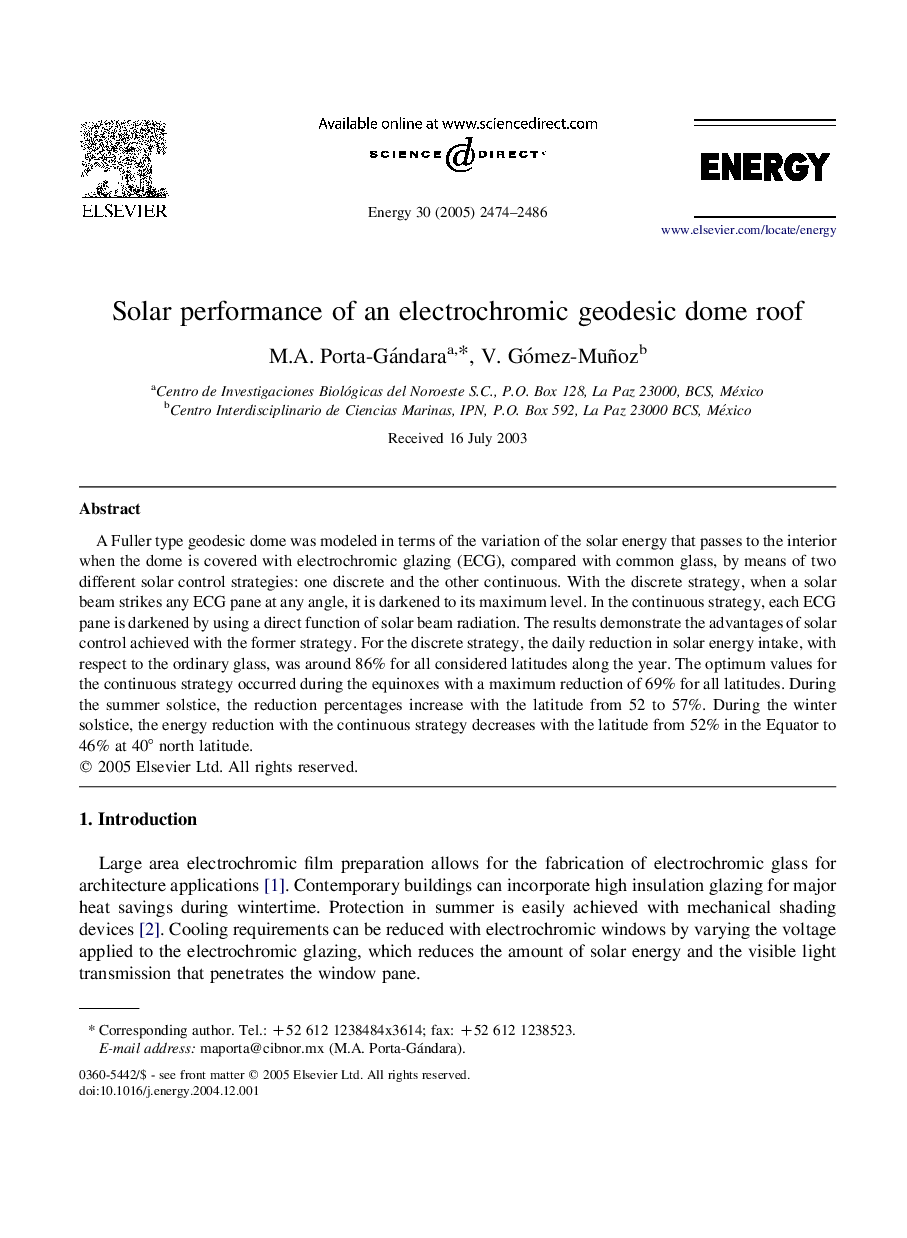 Solar performance of an electrochromic geodesic dome roof