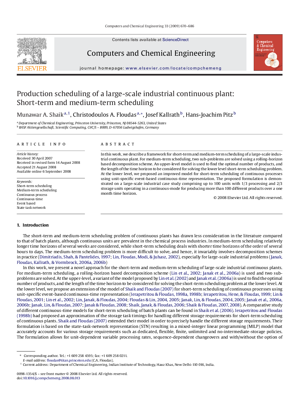 Production scheduling of a large-scale industrial continuous plant: Short-term and medium-term scheduling