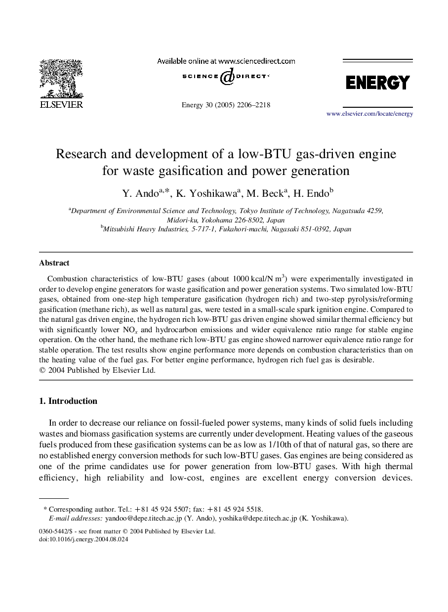 Research and development of a low-BTU gas-driven engine for waste gasification and power generation