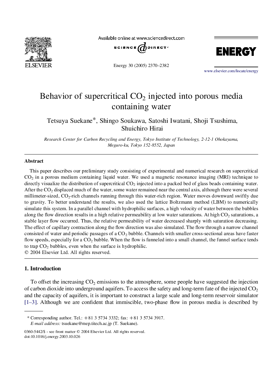 Behavior of supercritical CO2 injected into porous media containing water