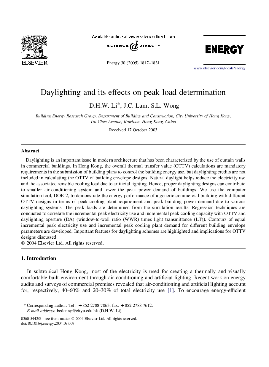 Daylighting and its effects on peak load determination