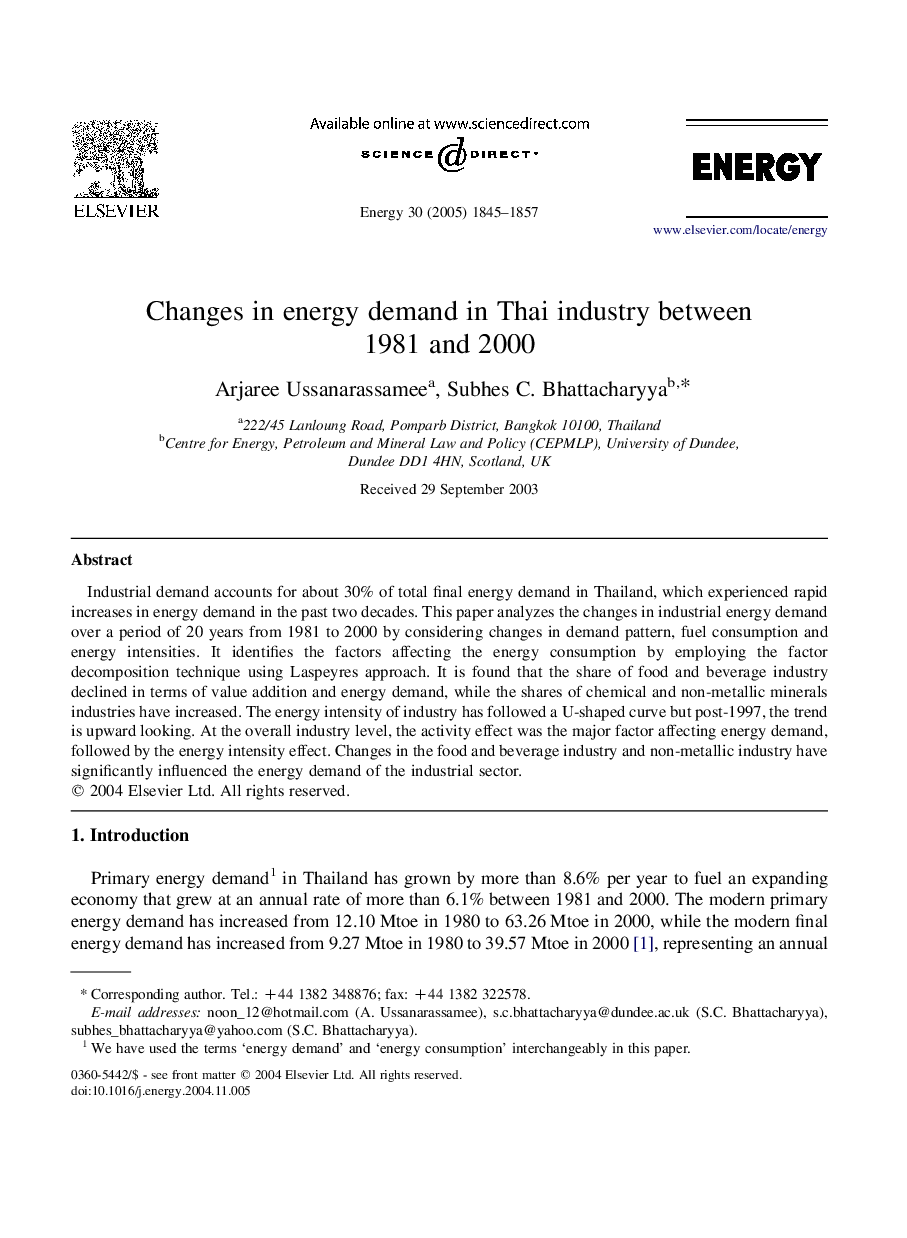 Changes in energy demand in Thai industry between 1981 and 2000