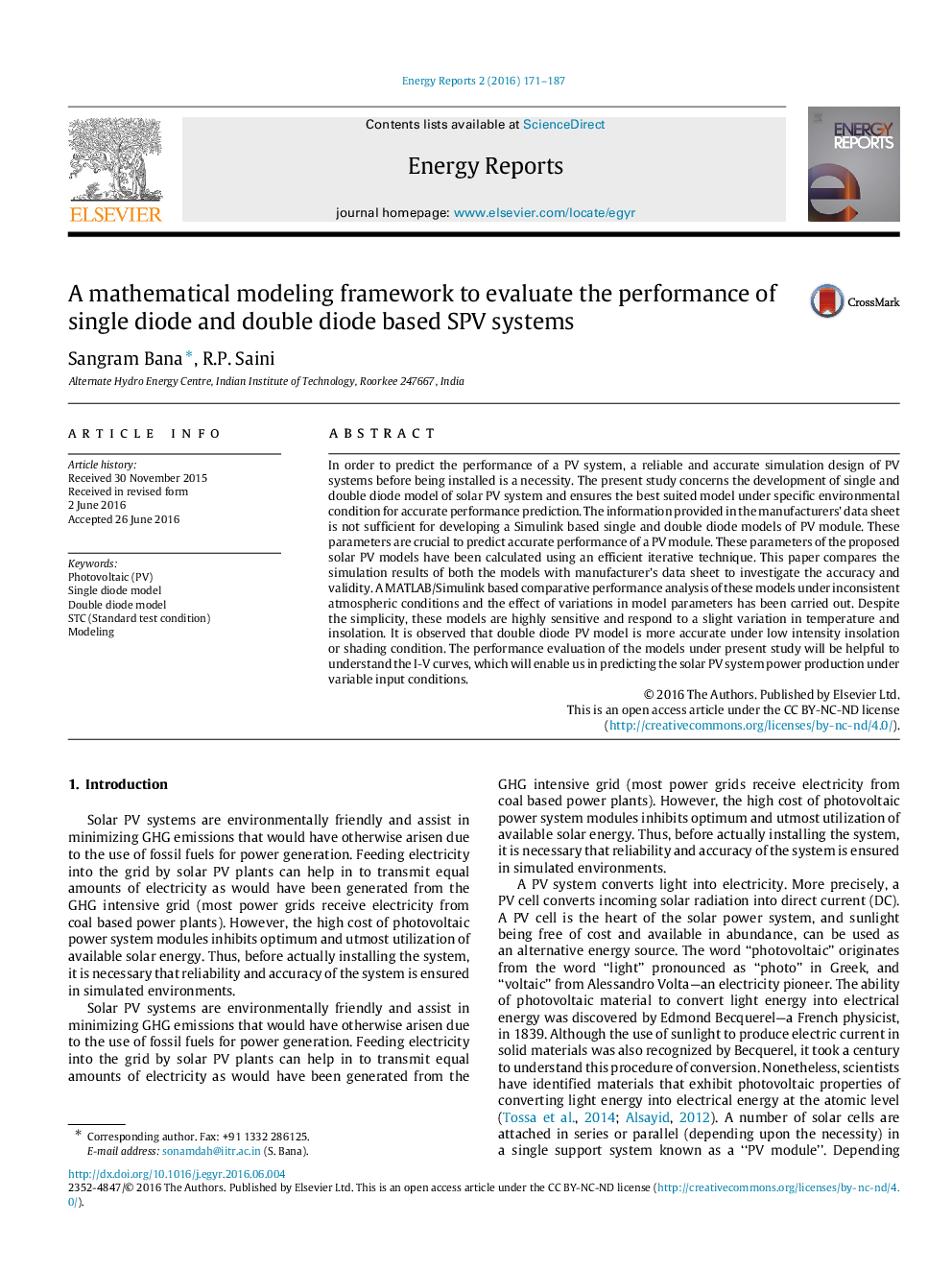 A mathematical modeling framework to evaluate the performance of single diode and double diode based SPV systems