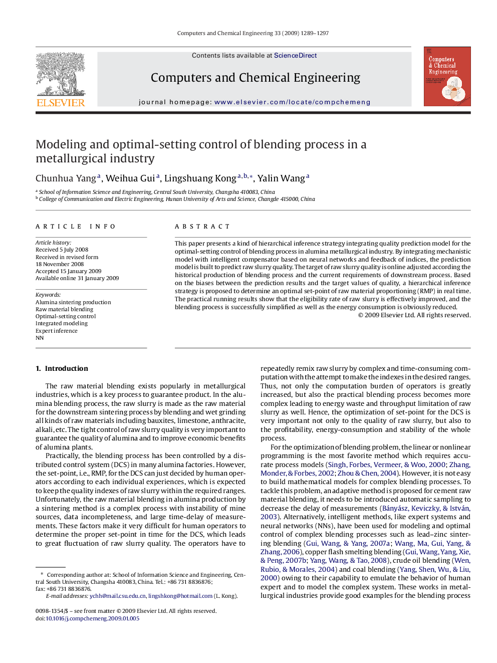 Modeling and optimal-setting control of blending process in a metallurgical industry