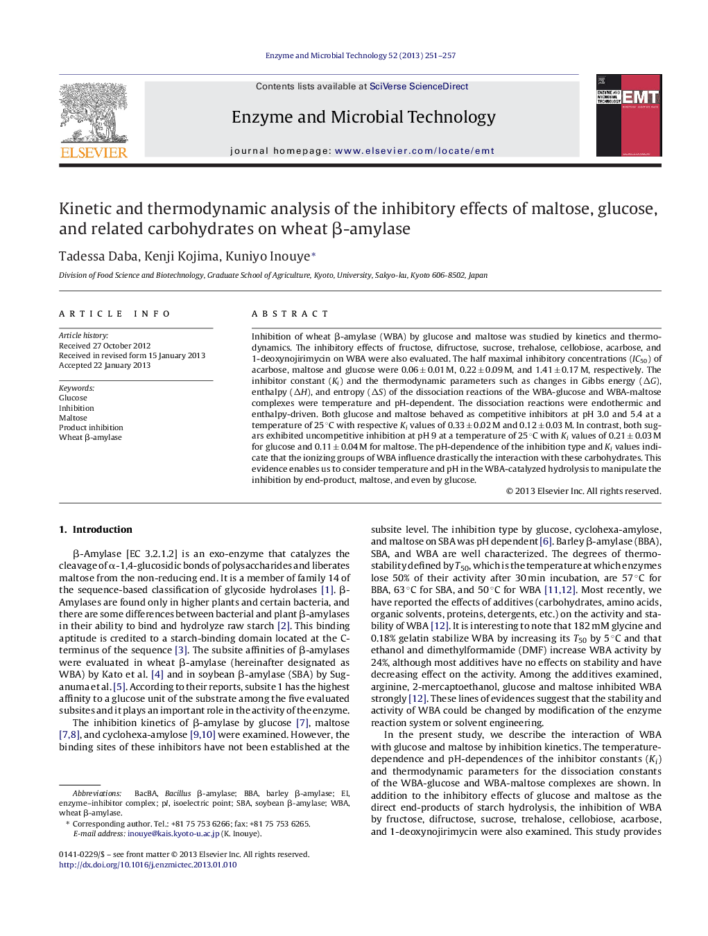 Kinetic and thermodynamic analysis of the inhibitory effects of maltose, glucose, and related carbohydrates on wheat β-amylase