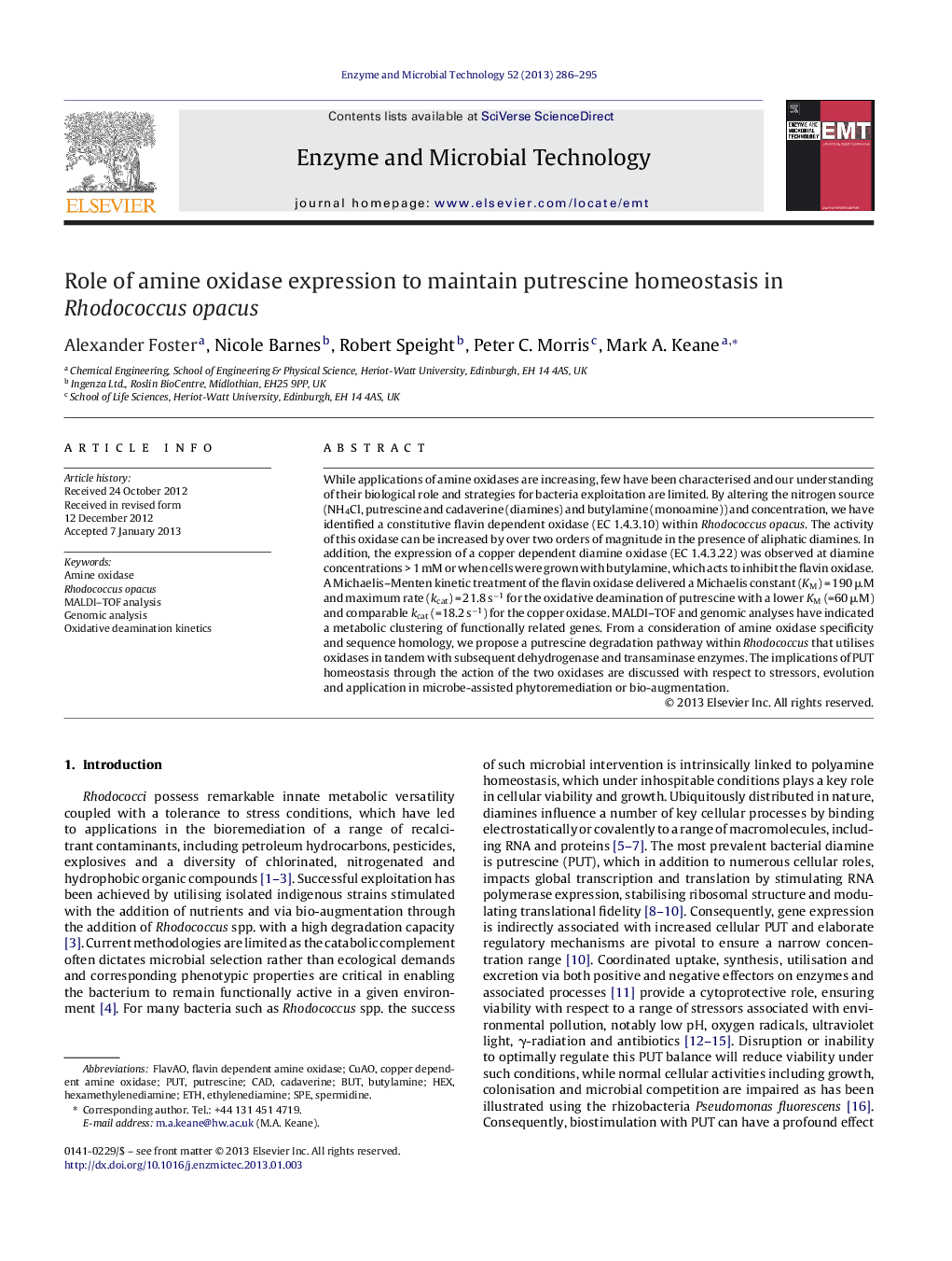 Role of amine oxidase expression to maintain putrescine homeostasis in Rhodococcus opacus