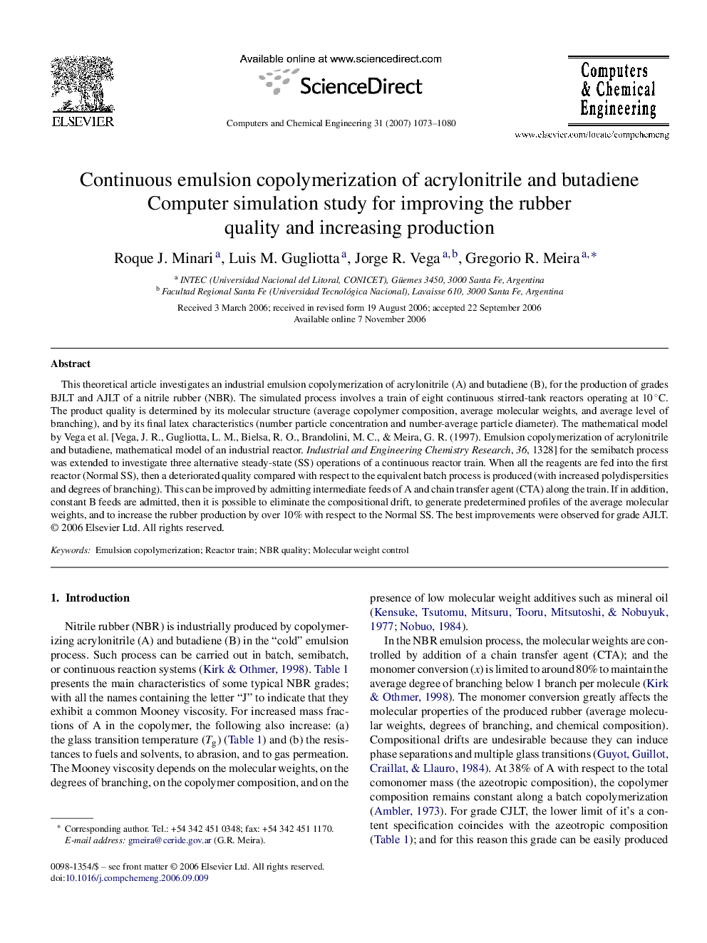 Continuous emulsion copolymerization of acrylonitrile and butadiene: Computer simulation study for improving the rubber quality and increasing production