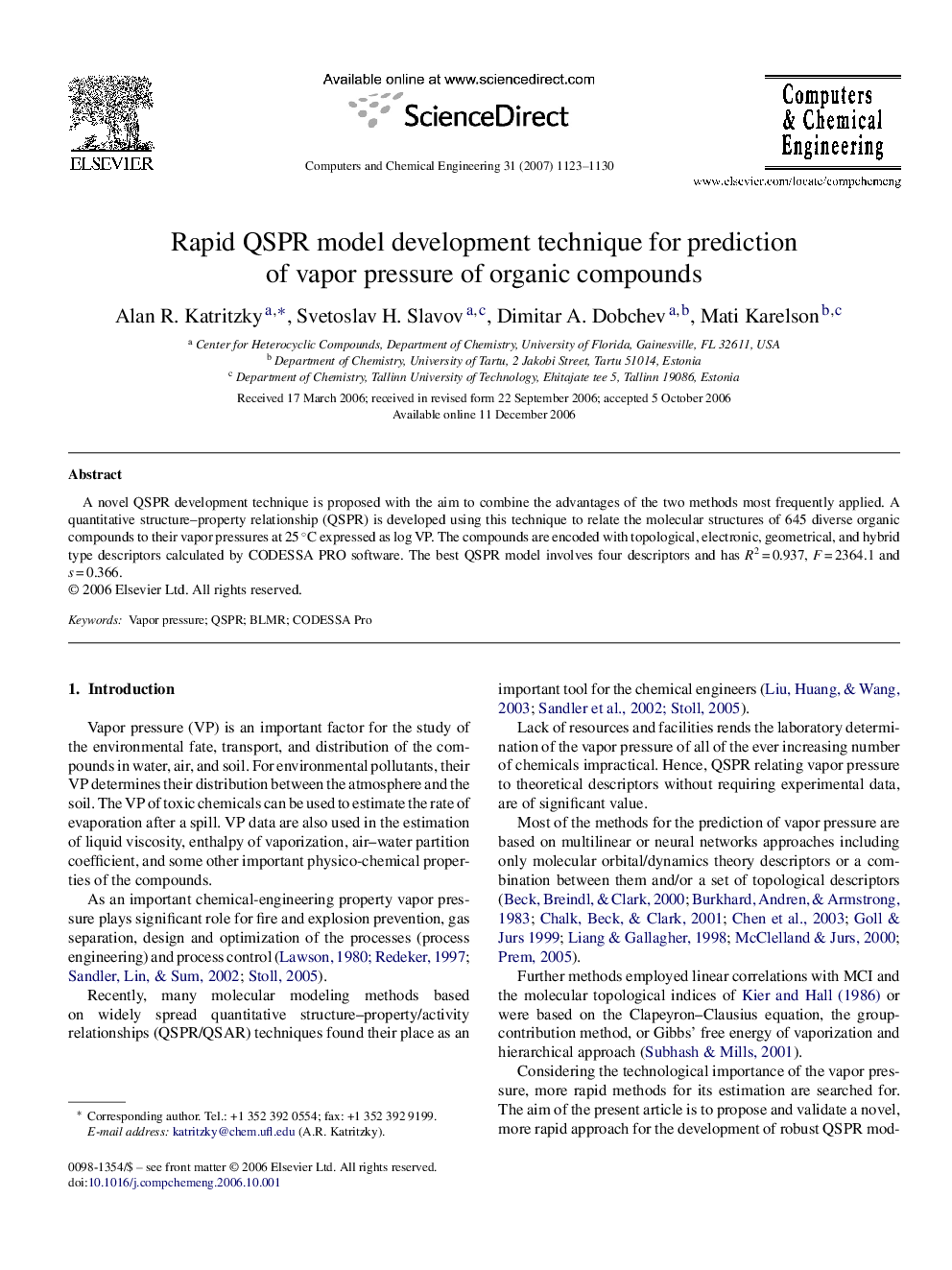 Rapid QSPR model development technique for prediction of vapor pressure of organic compounds