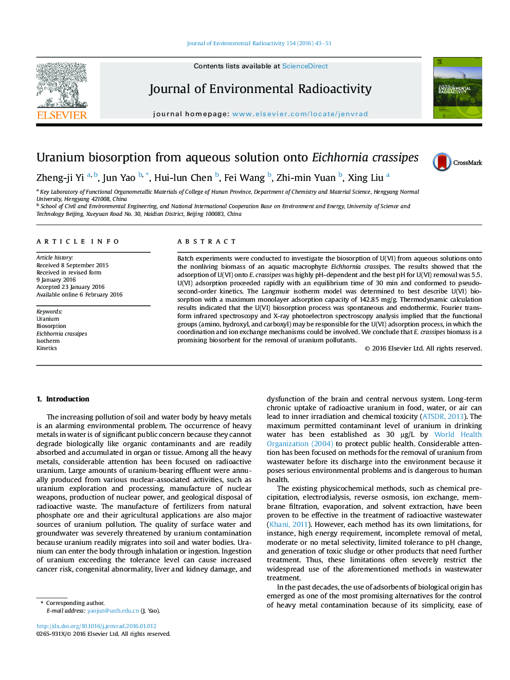 Uranium biosorption from aqueous solution onto Eichhornia crassipes