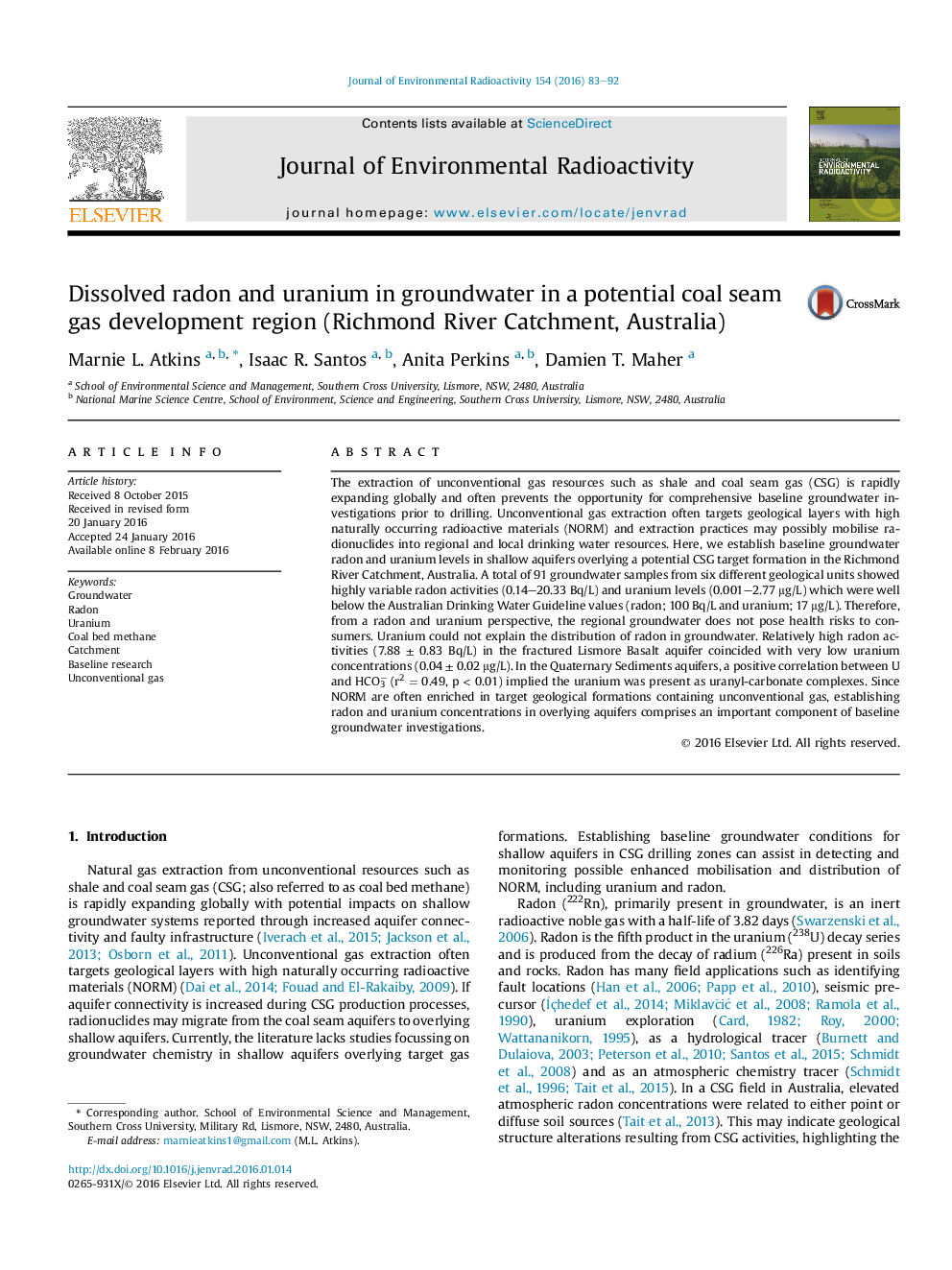 Dissolved radon and uranium in groundwater in a potential coal seam gas development region (Richmond River Catchment, Australia)