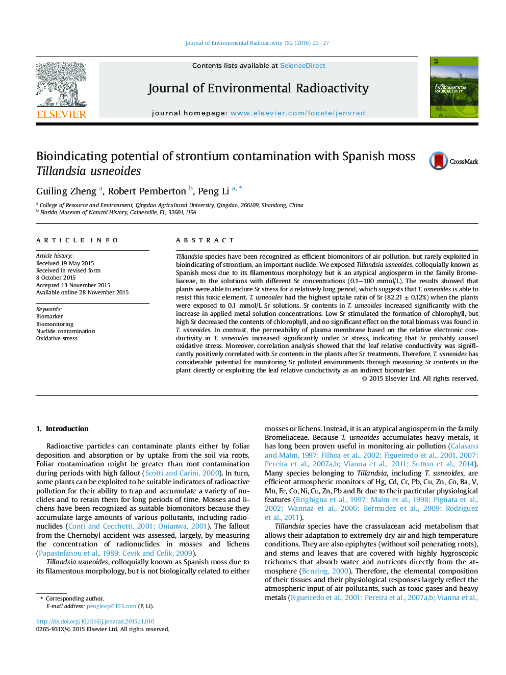 پتانسیل نشان زیستی آلودگی استرانسیوم با usneoides Tillandsia خزه اسپانیایی 