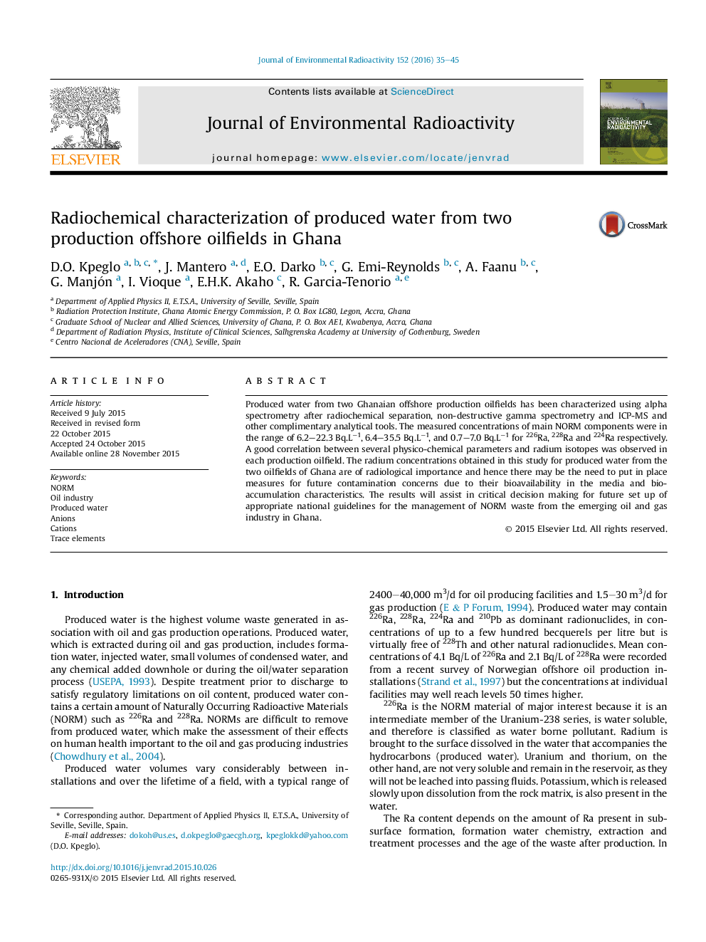 Radiochemical characterization of produced water from two production offshore oilfields in Ghana