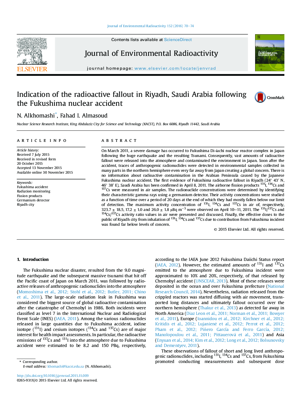 Indication of the radioactive fallout in Riyadh, Saudi Arabia following the Fukushima nuclear accident