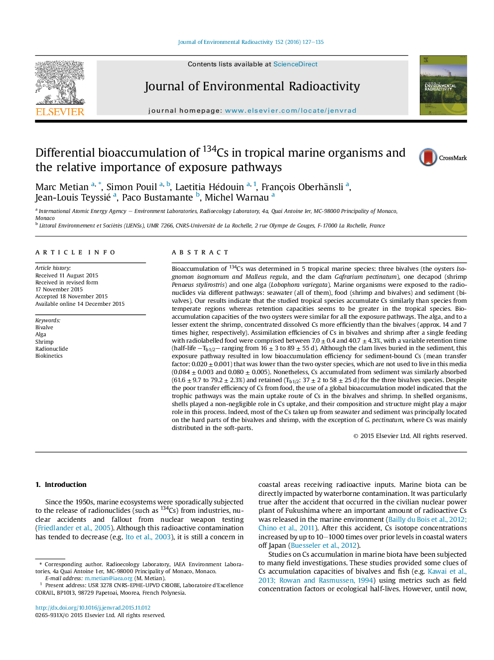 Differential bioaccumulation of 134Cs in tropical marine organisms and the relative importance of exposure pathways