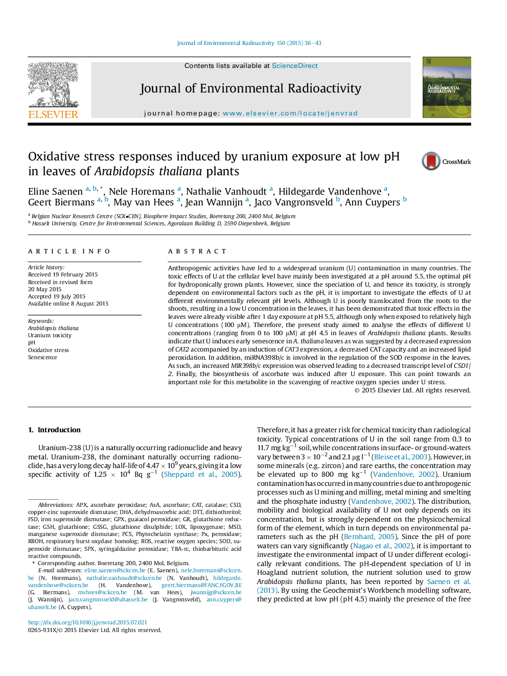 Oxidative stress responses induced by uranium exposure at low pH in leaves of Arabidopsis thaliana plants