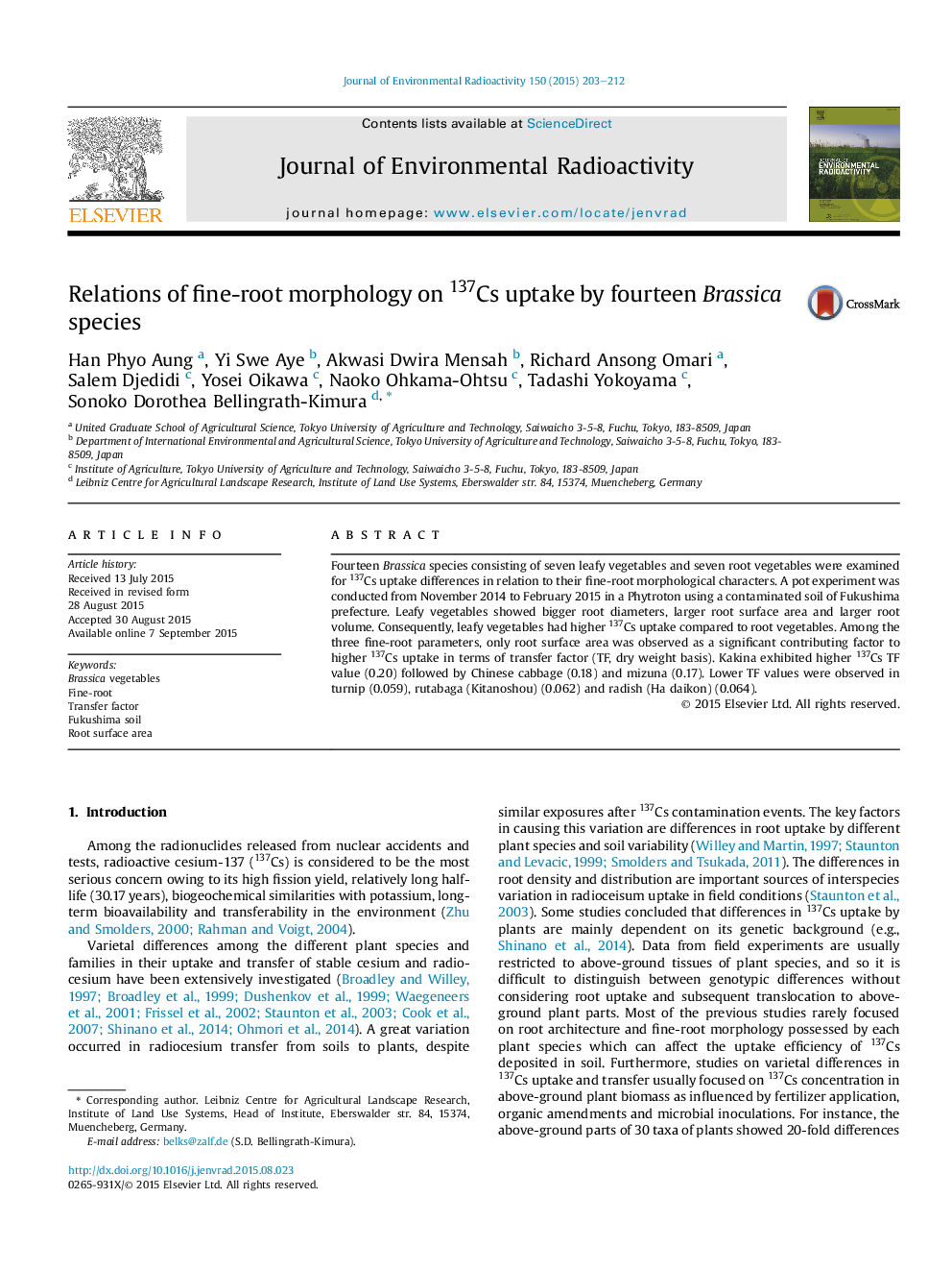 Relations of fine-root morphology on 137Cs uptake by fourteen Brassica species