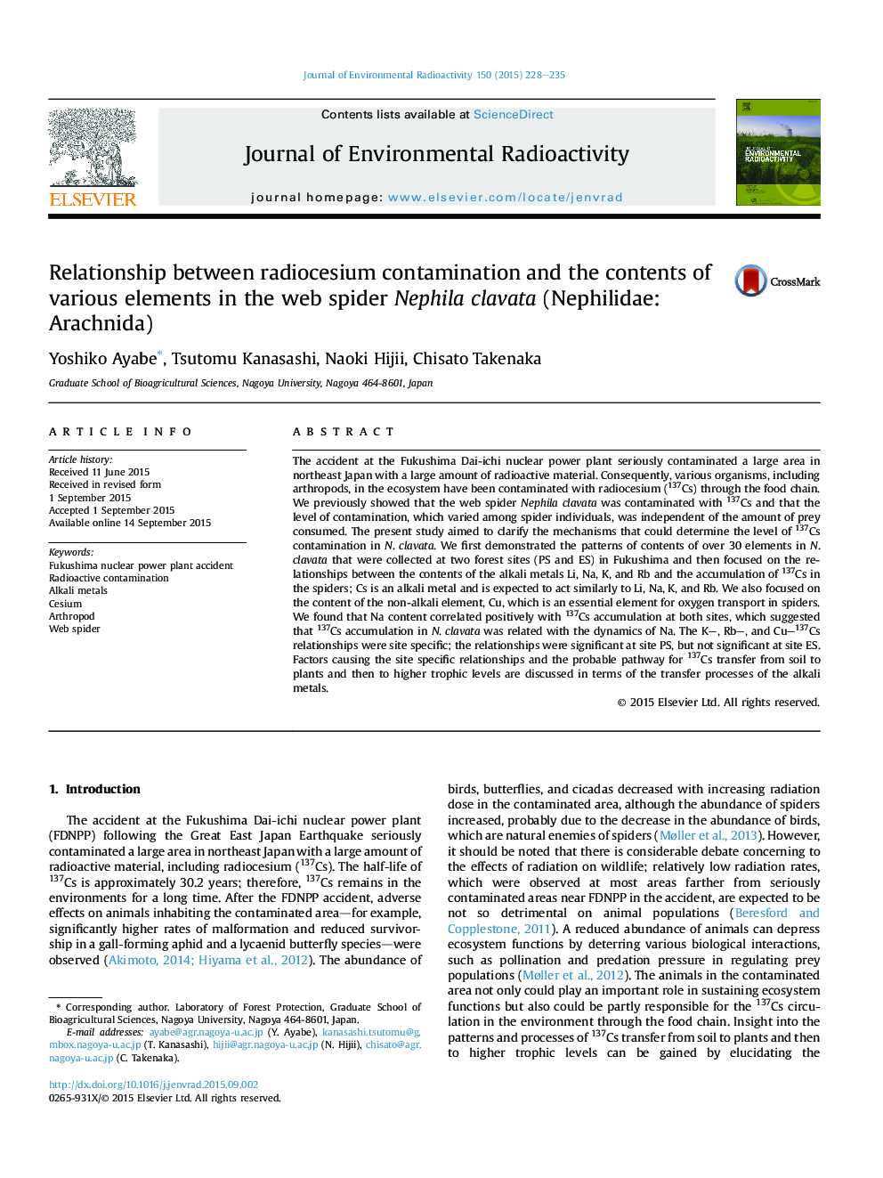 Relationship between radiocesium contamination and the contents of various elements in the web spider Nephila clavata (Nephilidae: Arachnida)