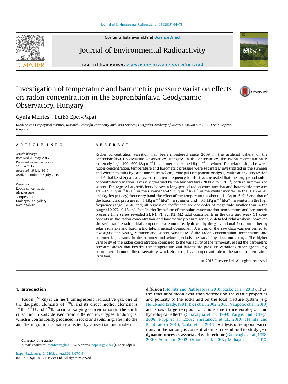 Investigation of temperature and barometric pressure variation effects on radon concentration in the Sopronbánfalva Geodynamic Observatory, Hungary