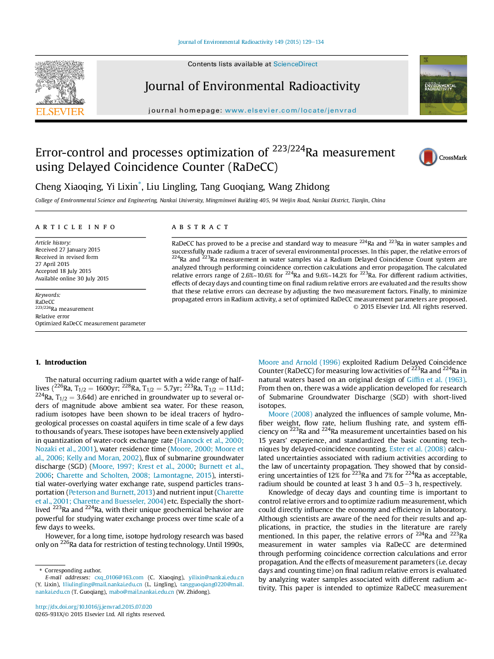 Error-control and processes optimization of 223/224Ra measurement using Delayed Coincidence Counter (RaDeCC)