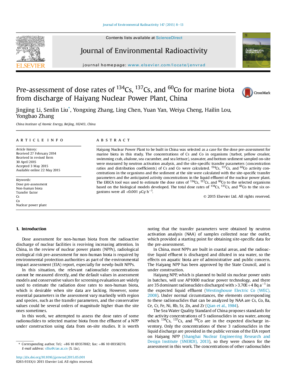 Pre-assessment of dose rates of 134Cs, 137Cs, and 60Co for marine biota from discharge of Haiyang Nuclear Power Plant, China